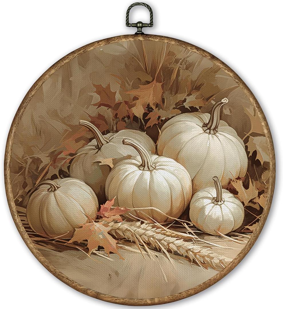 TLESKE Vintage Fall Pumpkins Round Wall Art Decor Framed 10x10, Autumn Rustic Farmhouse Canvas Wall Art Prints Artwork, Thanksgiving White Pumpkins Wall Hanging Room Door Decor for Living Room Bedroom