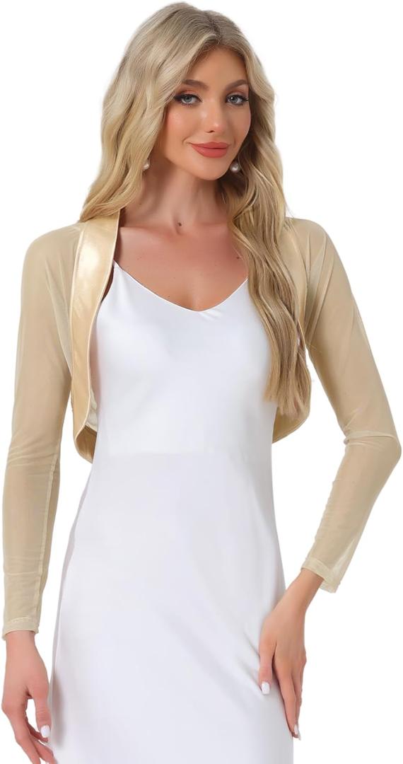 Allegra K Women's Satin Shrugs for Evening Dress Open Front Mesh Cardigan Elegant Wedding Bolero (Champagne), X-Small
