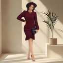 Women's Crewneck Casual Long Sleeve Sweater Dress Ruched Wrap Work Wedding Split Mini Dresses (XXL)