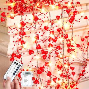 Rossesay Valentine s Day Decor 13ft 40 LED Heart String Lights Valentine s Day Garland with Hearts and Beads Battery Operated Romantic Decoration for Holiday Party Wedding (Red)