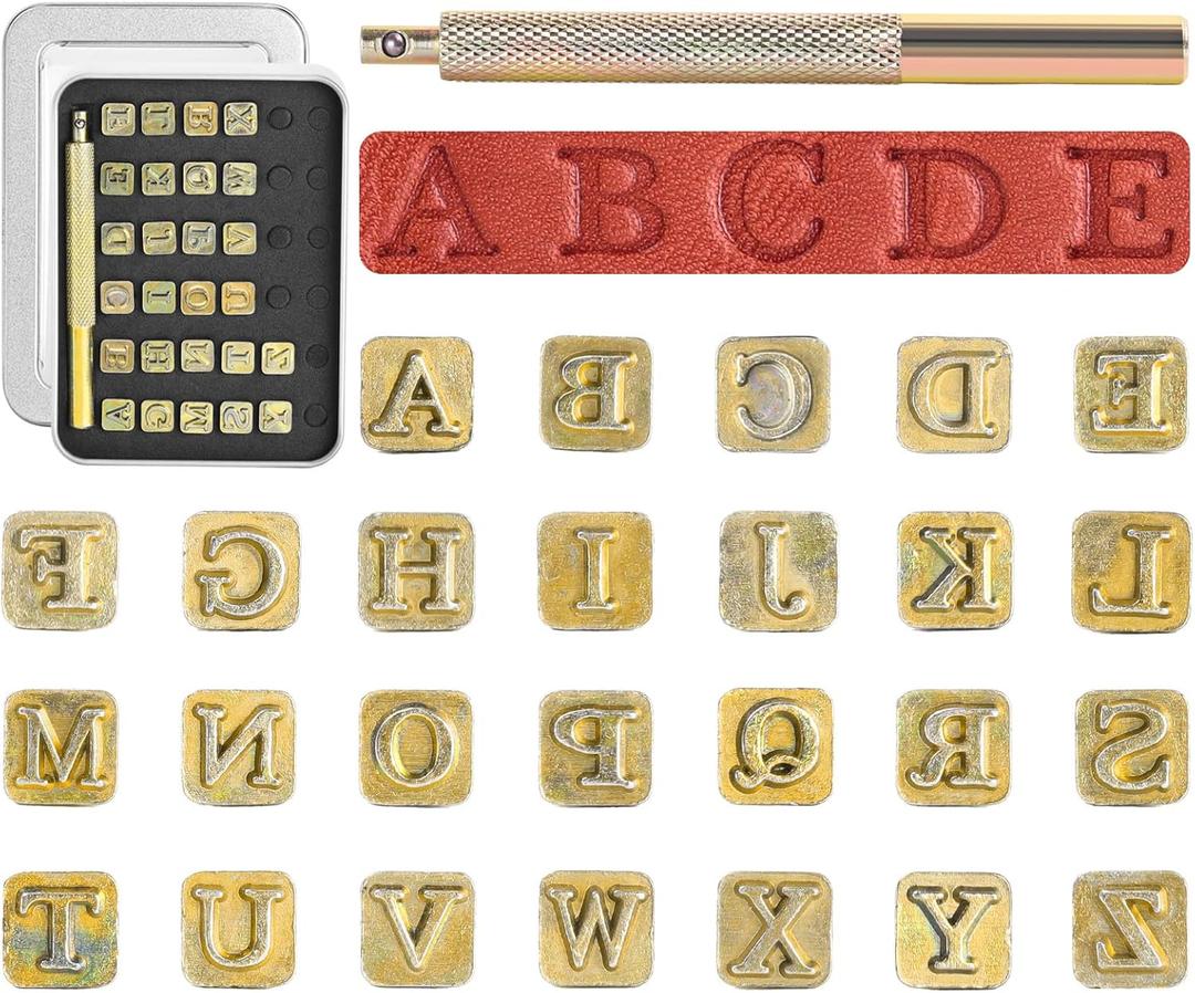 BESTNULE 27pcs Leather Stamps, Leather Stamping Kit, Leathercraft Stamping Tool Set, 26PCS Capital Letter Leather Stamps 6mm + 1 Stamping Handle for Leather Craft