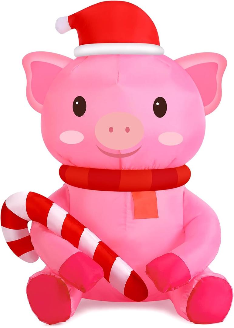 3.3ft Christmas Inflatable Pig Pig with Santa Hat & Candy Cane Christmas Inflatable LED Lighted Blown Outdoor Pig Decor for Indoor Outside Lawn Garden Patio Decor