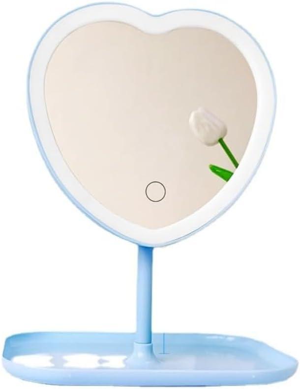 Vanity Mirror, Heart-Shaped Makeup Mirror with Three-Level Dimming and LED Lights for Girls and Students (Blue)