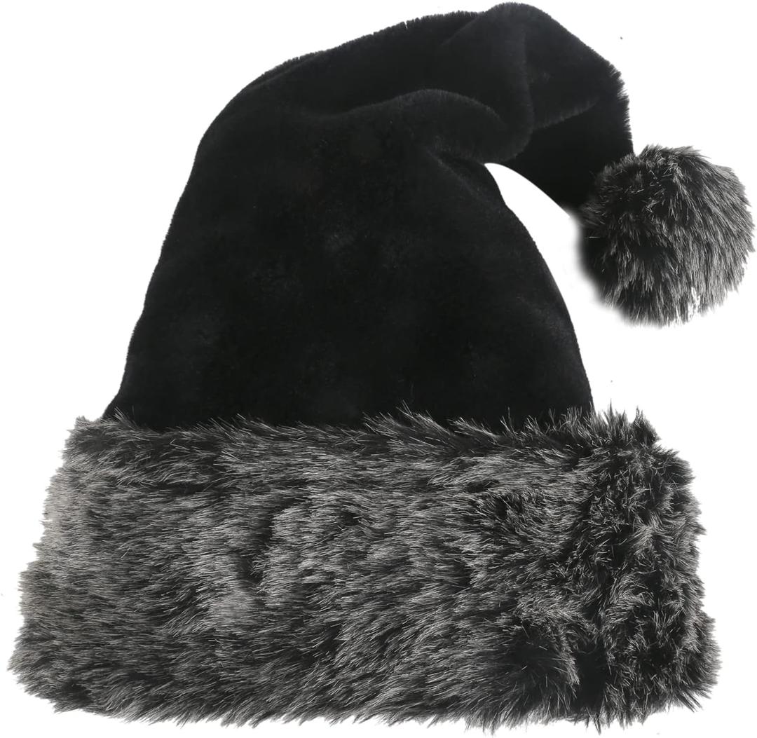 Black Plush Christmas Santa Hat,Personalized Unisex Xmas Hat for Adults