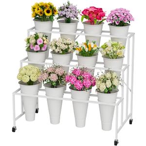 Flower Stand, 3-Tier Flower Display Stand with Buckets for Indoor Outdoor, Flower Cart Display Stand with Wheels for Courtyard, Balcony, Flower Shop, Wedding, Party, Exhibition, White