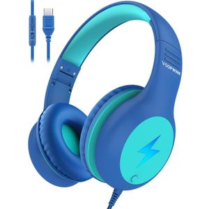 Kids Headphones Wired with Microphone, USB Type C Headphones for Kids Girls Boys with Cord/LED Lights/85/94dB Volume Limit, Portable Over Ear Headphones for School/Travel/Tablet/iPad (Blue)