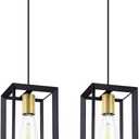 2 Pack 1 Light 5.7 Inch Hanging Gold Farmhouse Indoor Kitchen Island Black Gold Lantern Cage Finish Pendant Light for Kitchen Island Over Sink Dining Room Adjustable Length UL Certification
