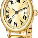 Women's Small Gold-Tone Watch - Vintage Oval Roman Numeral Dial, Quartz Movement, Stainless Steel Expansion Band, Water Resistant (2 Sizes) (5.91in-6.7in)