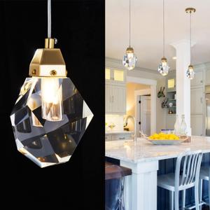 1-Light Diamond Crystal Pendant Light, Mini Ceiling Hanging Light in Gold Brushed Brass Finish Prism Crystal Color Changing Led Hanging Light for Kitchen Island Bathroom Bedroom Bar