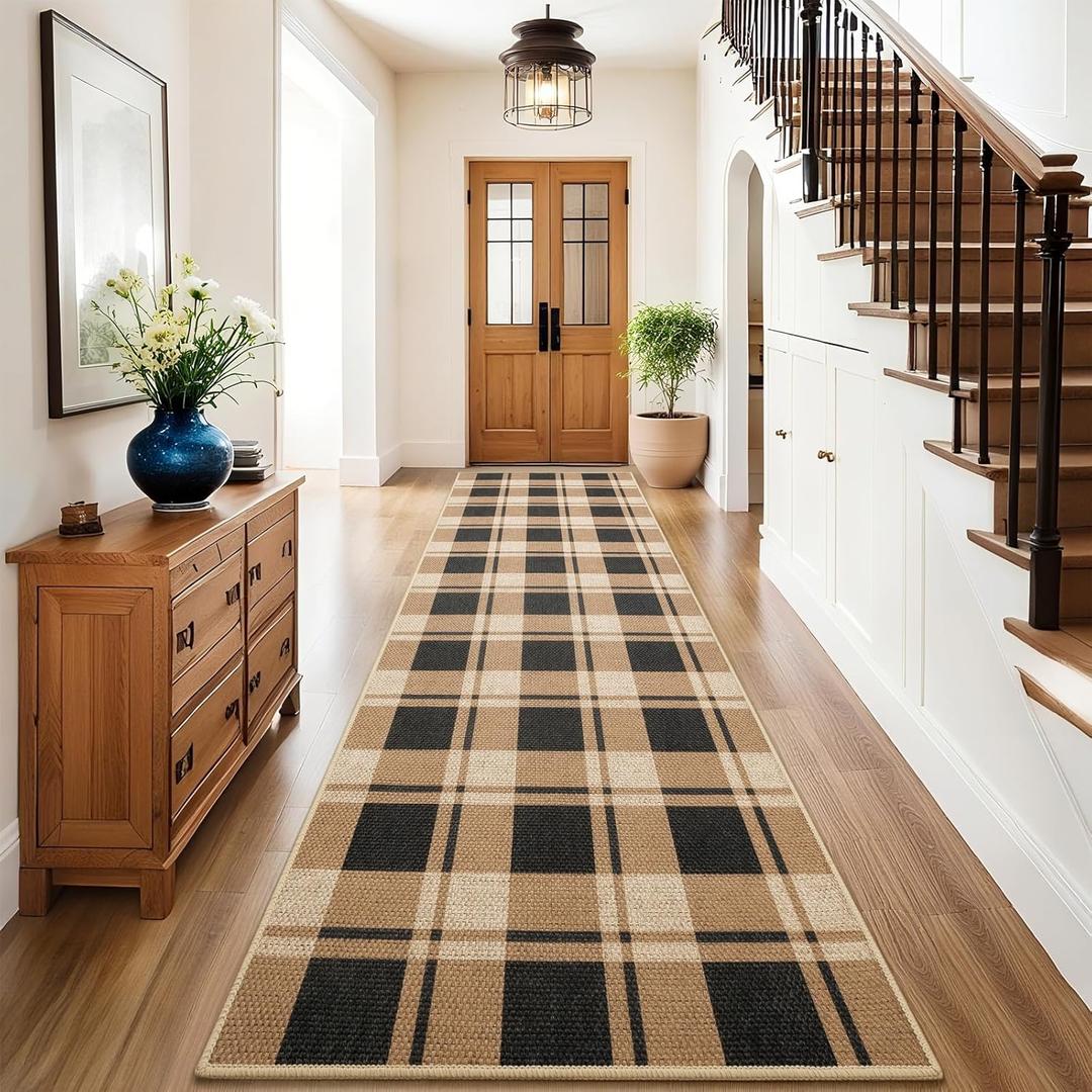 AROGAN Checkered Jute Runner Rug for Hallway, 2x8 Kitchen Runner Washable Rugs Carpet, Long Farmhouse Design Geometric Rugs for Entryway Indoor Laundry Welcome Mat 8 Ft Entry, Black and Brown (Nature)