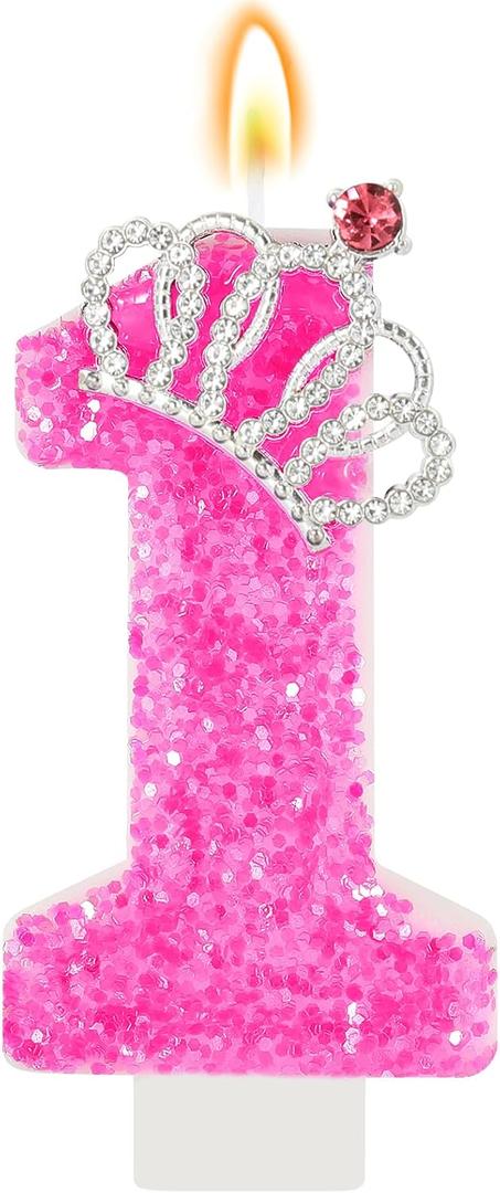 Hot Pink Birthday Candle Crown Number 1 Candle 1st Birthday Cake Topper Cupcake Decor Princess Themed Party Decorations for Girls and Women Anniversary Celebrations Supplies Favors