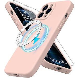 DEENAKIN Magnetic for iPhone 12 Pro Max Case Silicone with Screen Protector - [Compatible with MagSafe] - Enhanced Camera Cover - Slim Fit Protective Phone Case 6.7" for Women Girls - Baby Pink