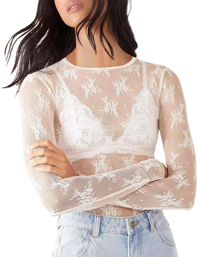 AKEWEI Womens Mesh Long Sleeve Tops Crew Neck Sexy See Through Tee Shirts Party Club Night Lace Blouse (Large, White)