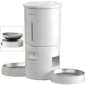 Automatic Cat Feeder for 2 Cats,6 Meals/Day,12 Portions/Meal,Dual Power Double Bowls,Dry Pet Food Autofeeder,10S Voice Record,Flexible Programmable Schedule Timer(White,Stainless Dual Bowls)