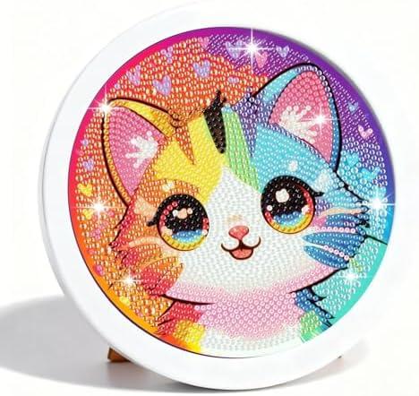 Gemozaic Cat Diamond Art Kits for Kids with Round Frame, Cute Colorful Kitten Diamond Art for Kids Ages 4-8-12, Animal Kid Gem Painting for Gift Home Wall Decor (8x8inch)