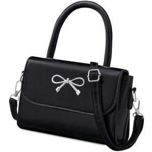 Rancco Crossbody Bag for Women, Black PU Leather Bowknot Shoulder Bag, Purse & Handheld Clutch with Metal Bow, handbag w/Trendy Bag Top Handle, Small Handbags for Vacations, Parties, Romantic Dates
