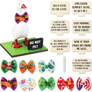 Magnetic Goose Key Holder Cute Resin Goose Statue with Mini Bow Tie Writable Interchangeable Signs Chalk for New Apartment Housewarming Gifts Office Table Desk Home Decor(Classic)