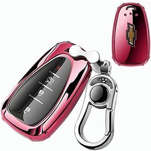 K LAKEY Chevy Key Fob Cover,Compatible with Chevrolet Chevy Malibu Camaro Cruze Spark Volt Sonic Trax Equinox Smart Car Key Soft TPU Case Shell Protector with Alloy Keychain Pink