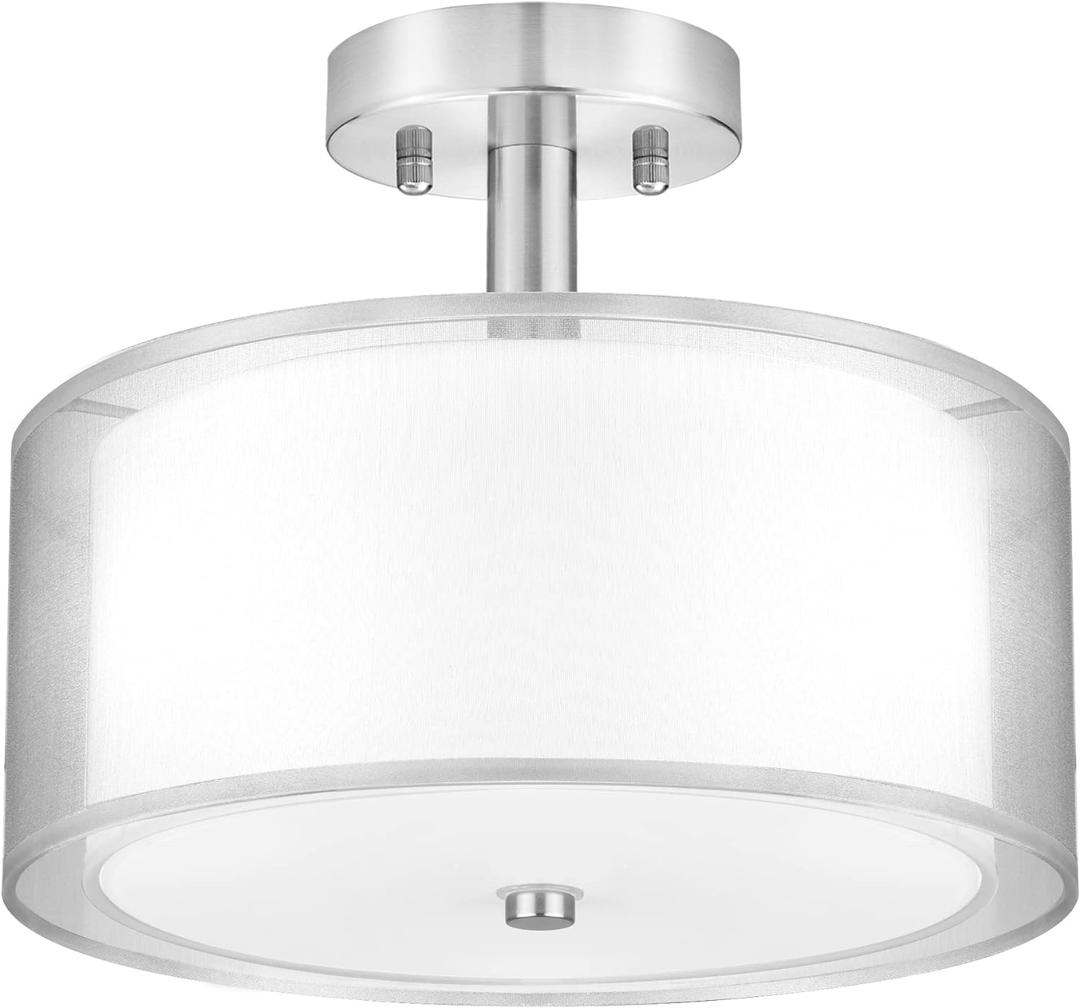 FOLKSMATE Silver Semi Flush Mount Ceiling Light Fixture, 3-Light Drum Light with Double Fabric Shade, Modern Close to Ceiling Lamp for Living Room, Bedroom, Dining Room, Kitchen, Hallway, Entry, Foyer (12inch)