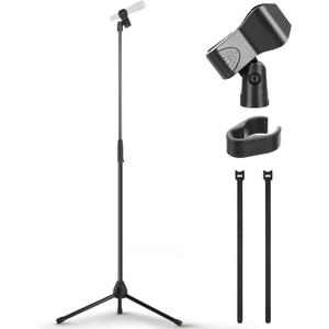 Pyle Tripod Microphone Stand, Height Adjustable from 39.37" to 66.14'', Mic Stand for Floor, Sturdy and Durable Build, Non-Slip Rubber Feet, With 5/8" Screw Adapter, Cable Clip, Compact Folding Design