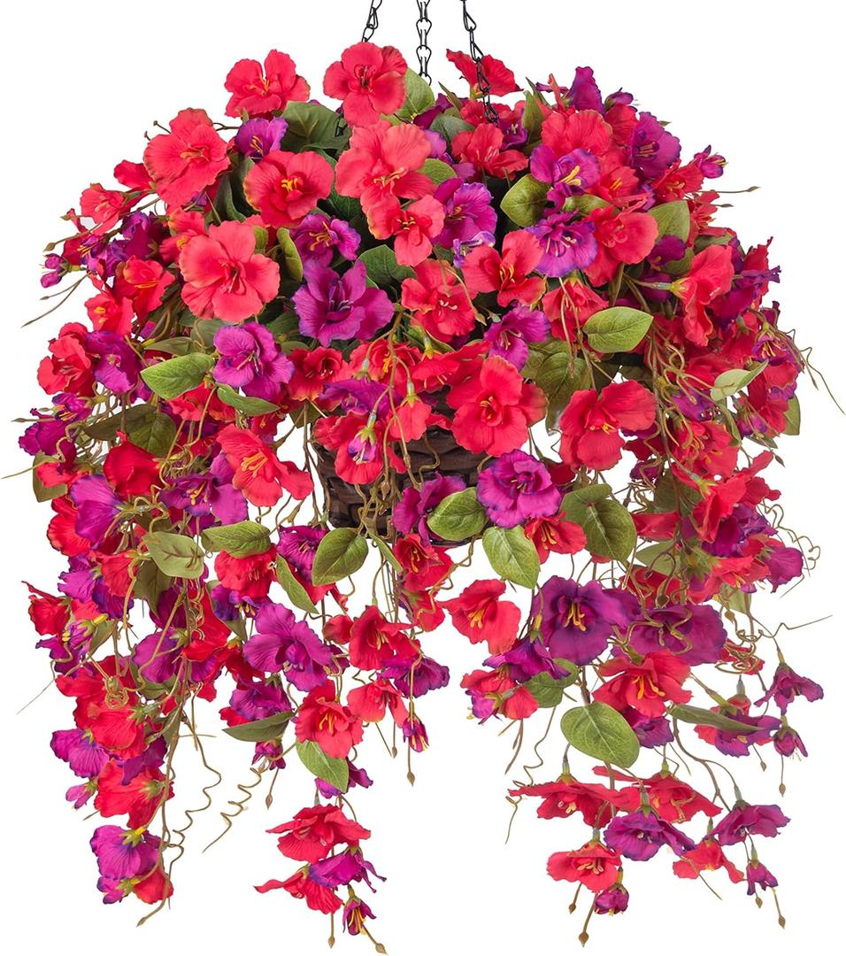 Artificial Fake Hibiscus Hanging Flowers Baskets for Outdoor Decoration, Faux Plants Silk Hibiscus Long Vines in Planter UV Resistant Realistic Flowers for Outside Porch Patio Home Decor, Red Purple