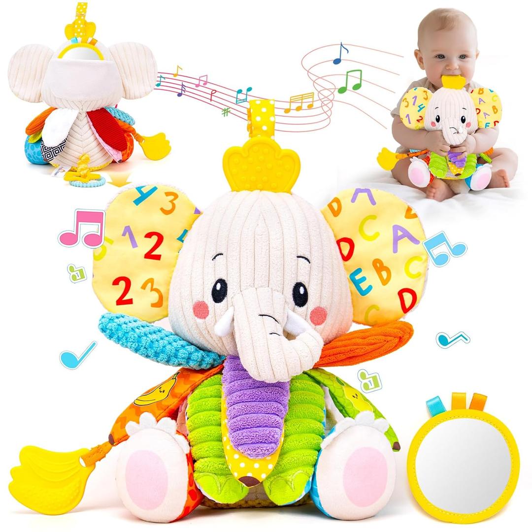 Baby Toys 3-6 Months, Musical Stuffed Elephant Toddler Toy for Newborn Infant 3 6 9 12 Months, Tummy Time Toys Montessori Sensory Toys 0-6 6-12 Months, Crinkle Paper, Mirror Soothing Music Shower Gift