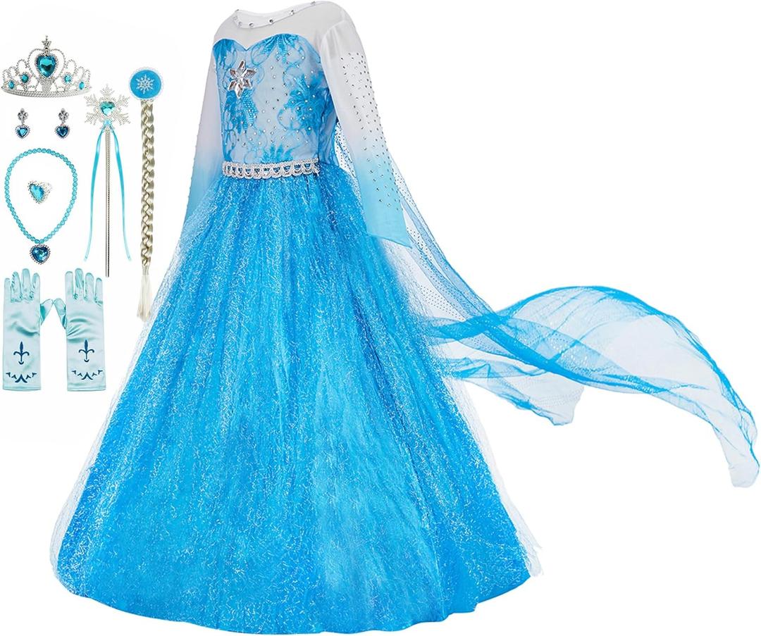 Funna Elsa Costume for Girls Princess Dress Up Halloween Cosplay Party with Accessories (5T)