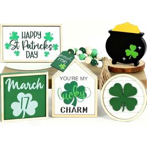 Patrick's Day Tiered Tray Decor Set, 6PCS St. Patrick's Day Decorations Bead Garland Luck Shamrock Wooden Signs for Home Kitchen Decorations