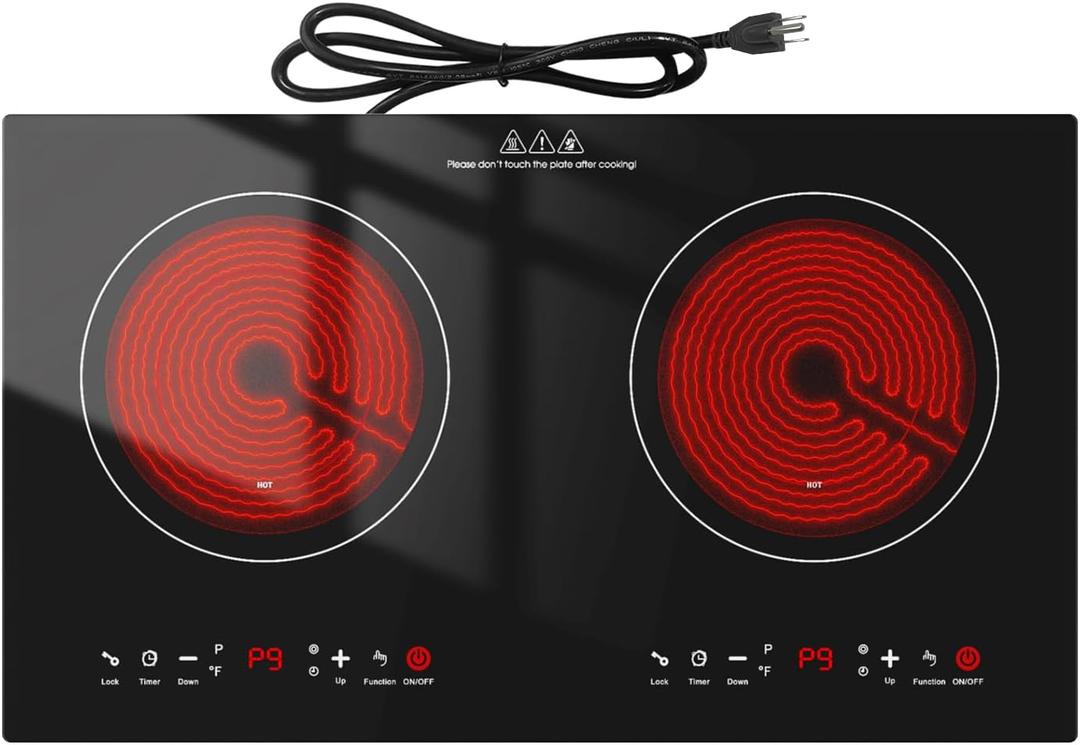3000w Electric Cooktop, 24" Electric Stove 2 Burner Hot Plate Built-in Double Burner Cooktop with LED Touch Screen,9 Heating 9 Temperature,Kids Lock & Timer,Suitable for all Pans