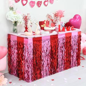 Mega-L Valentines Party Decorations, 2 Pack Valentine's Day Red Pink Table Skirts, Valentines Wavy Metallic Tinsel Foil Fringe Table Skirts for Rectangle and Round Table, Table Decorations for Party (Pink Red)