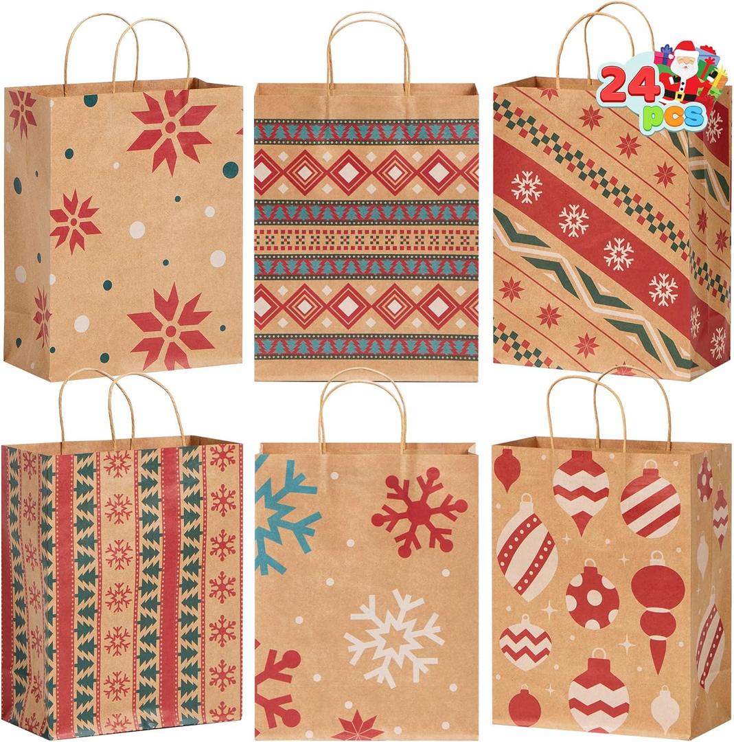 JOYIN 24 PCS Christmas Kraft Gift Bags Xmas Holiday Paper Goody Wrap Shopping Bags with Handles for Holiday Presents, Giant Gifts Decorations, Classrooms and Party Favors (10 x 13 x 5) (Brown)