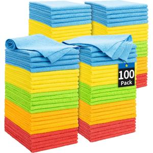HOMERHYME Microfiber Cleaning Cloth, 100 Pack Cleaning Rags Microfiber Towel Bulk Absorbent Lint-Free Wash Cloths, All-Purpose Towels for Cars, Shop, Automotive, Garage, Home and Kitchen 11.5"*11.5" (Assorted)