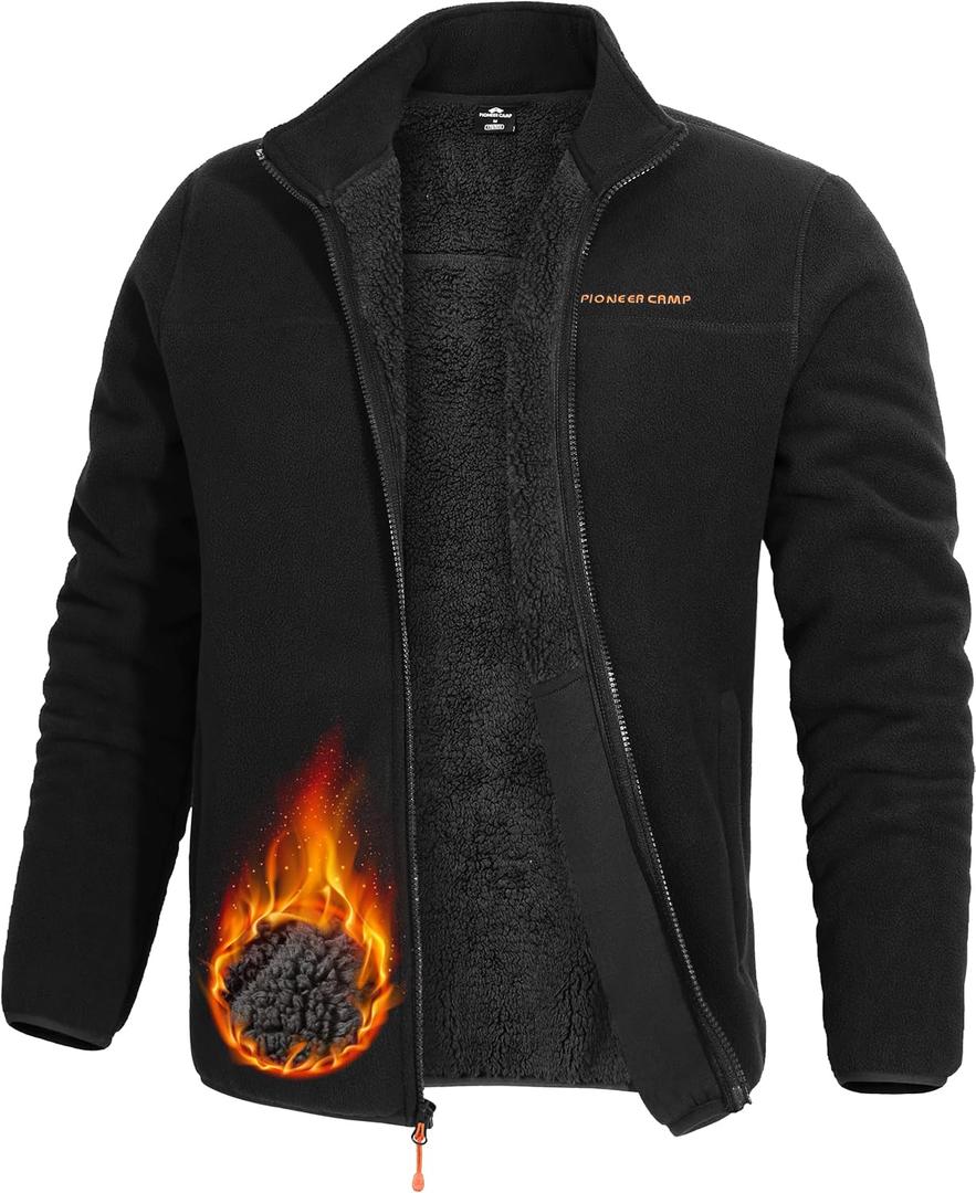 Pioneer Camp Men's Polar Fleece Sherpa Lined Jacket Warm Full Zip Up Thick Jacket Soft Outwear Winter Coat with Zipper Pocket (Large, Black)