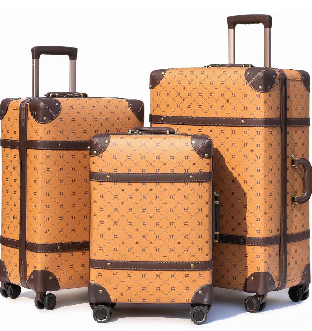 NZBZ Vintage Luggage Sets for Women Durable Retro Trunk Luggage Vintage Suitcase Set, Antique luggage set with Leather Accents (Orange, 20inch & 24inch & 28inch)
