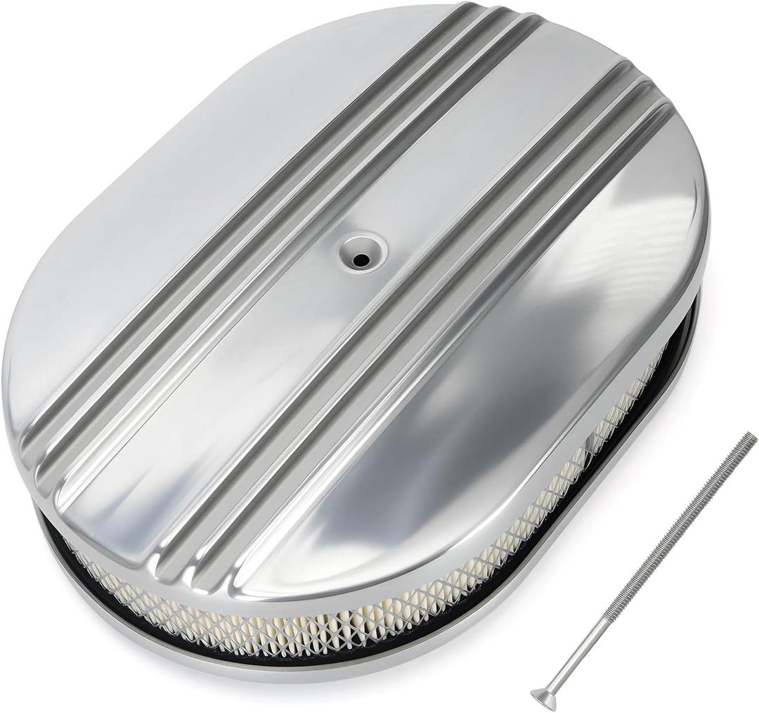 Universal 12'' Oval Half Finned Air Cleaner, with Mounting bolt Silver Aluminum Alloy Oval Polished Full Finned