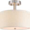 3-Light Semi Flush Mount Ceiling Light Fixture,Drum Light with Double White Fabric Shade,White Linen Fabric 12 inch Close to Ceiling Lamps for Dining Room Kitchen Brushed Nickel for Hallway