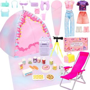 34 Pcs Doll Travel Camping Tent Playset for 11.5 Inch Girl Dolls Includes Clothes, Tent, Telescope, Backpack, Sleeping Bag & Other Camping Accessories for Dolls Travel Camping Toy SetNO Doll