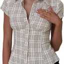 Women's Plaid Shirt Button-up Short Sleeve Collared Slim Fit Casual Summer Blouse Tops (L)