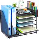File Organizer for Desk, 6 Tier Desk Organizer Paper Tray with File Holder Pen Holder, Mesh Office Desk Accessories & Workspace Organizers (Black)