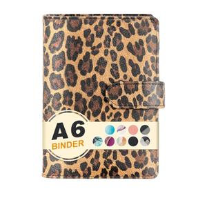 A6 Refillable 6 Ring Faux Leather Budget Binder,Mini Notebook Binder Cover for A6 Filler Paper,Loose Leaf Personal Planner Cover with Magnetic Buckle Closure (Leopard)