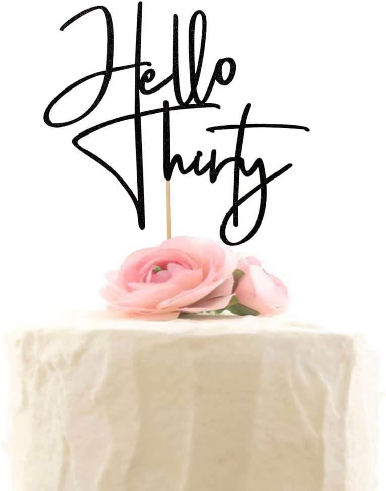 Hello Thirty Cake Topper, Happy 30th Birthday Party Decorations, Black Glitter