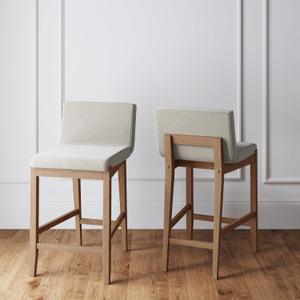 Nathan James Gracie Modern Counter Height Bar Stool with Back, Counter Stool Upholstered Chair with Natural Flax White Fabric and Brushed Wooden Legs, Natural Flax/Brown, Set of 2
