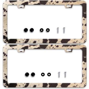 2 Pcs Brown Cow Print License Plate Frame Animal License Plate Frames Personalise Stainless Steel Funny Design Compatible with Standard License Plate Holder for USA Canada 6 X 12 Inch with Screws
