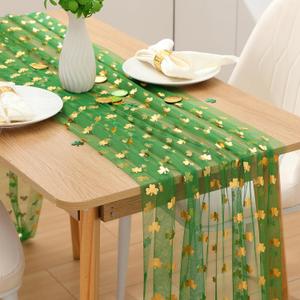 St Patrick's Day Table Runner 10ft Green Shamrock Lucky Gauze Table Runner Irish Foil Shamrocks Tulle Tablecloth Seasonal Spring Holiday Decor for Home Party Decor(Gold Print,1 Pack)