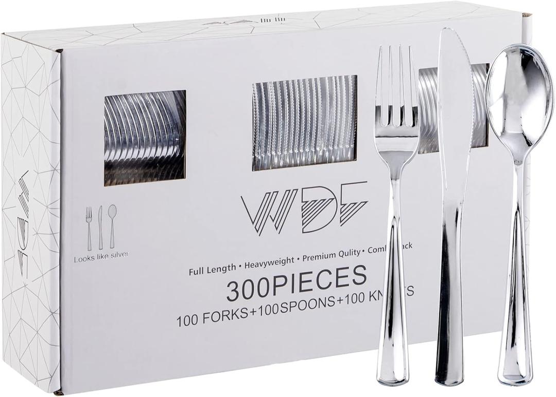 WDF 300 Pieces Silver Plastic Silverware - Plastic Silverware Heavy Duty - 100 Forks 100 Knives 100 Spoons - Disposable Silver Cutlery Perfect for Party/Wedding