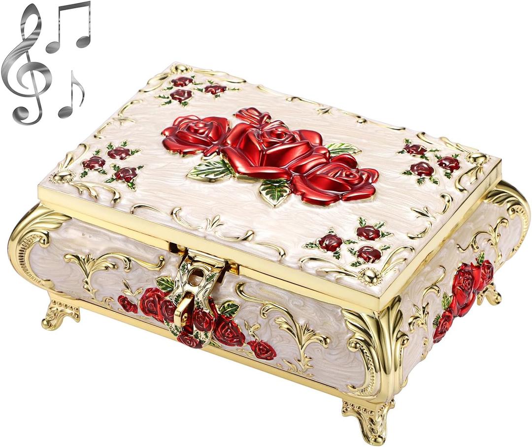 ELLDOO Vintage Music Box, Beige Metal Musical Jewelry Box Keepsake Box, Small Trinket Jewelry Storage Box Gift for Girl Women (Tune: You are My Sunshine), Red Rose Pattern, Large