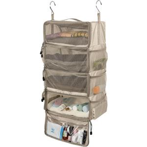 Surblue Travel Hanging Packing Cubes with 2 Hooks Hanging Shelves for Luggage Organizers Portable Compression 4 Shelf Closet Carry-on Suitcases Organizers, Medium,Beige