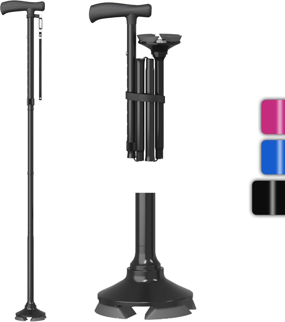 BONTEC Walking Cane - Height Adjustable Free Standing Foldable Canes, Aluminum Alloy Walking Stick with 360 Pivoting Base, Lightweight, Anti-Lost Tag, Canes for Women Men Seniors & Mountaineers (Black)