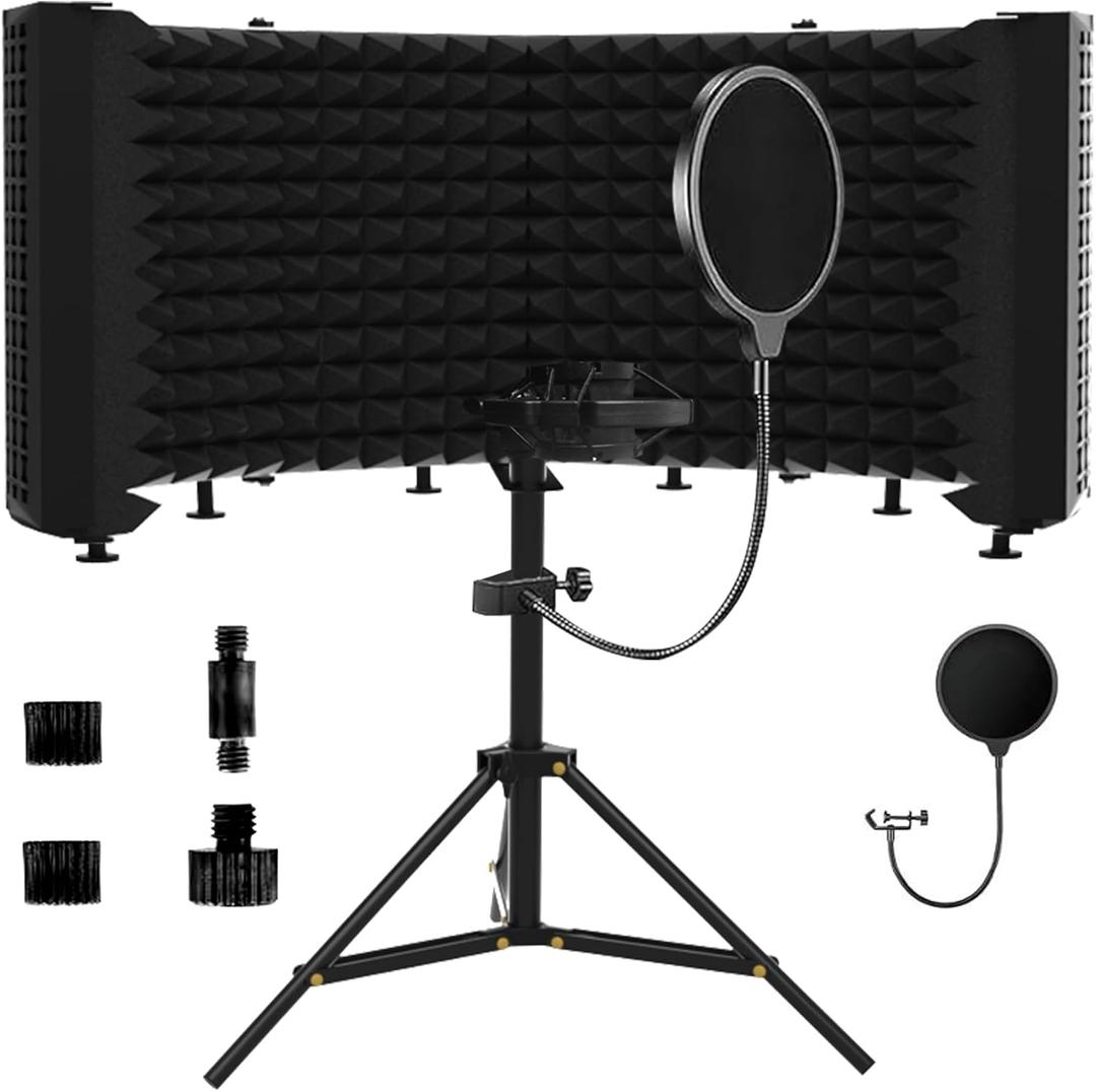 Microphone Isolation Shield  Foldable & Adjustable Soundproof Panel for Recording, Podcasting, Vocal Booth, Studio & Home Use (Six-sided low stand)