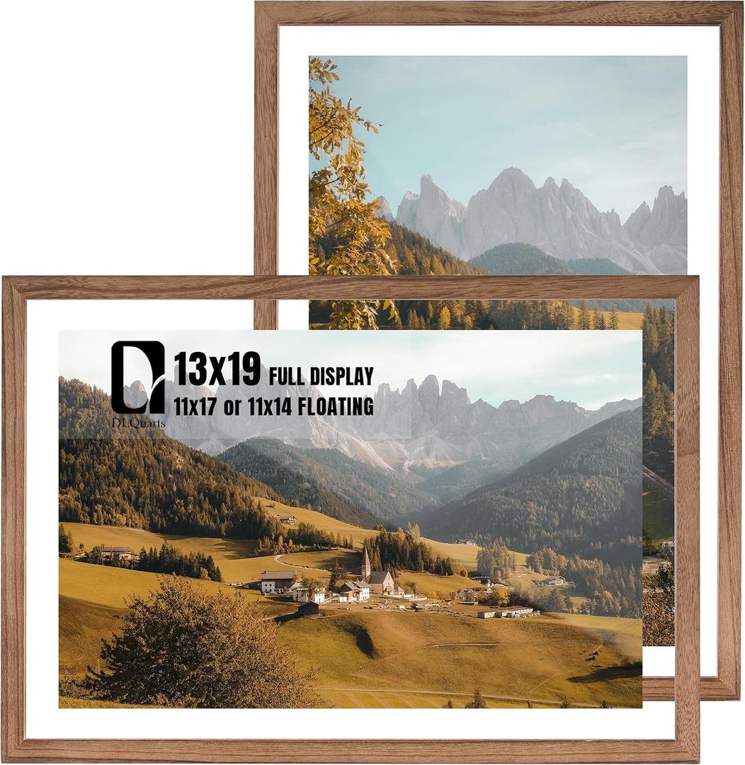 DLQuarts 13x19 Floating Picture Frame for 11x17/11x14 Photos, 2-Pack Solid Wood Double Plexiglass Wall Art Frames, Any Size Photo up to 13x19 Display, Carbonized Wood